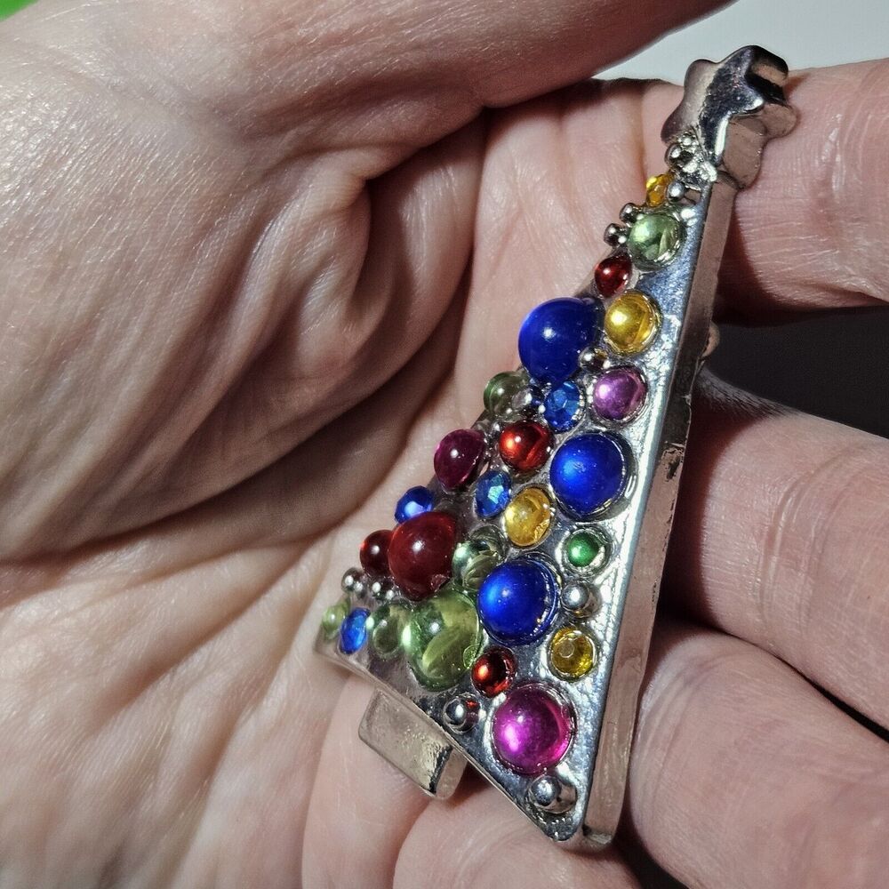 VTG Multi Color Glass Rhinestone Ornaments Christmas Tree Silver Tone Brooch - Picture 3 of 9
